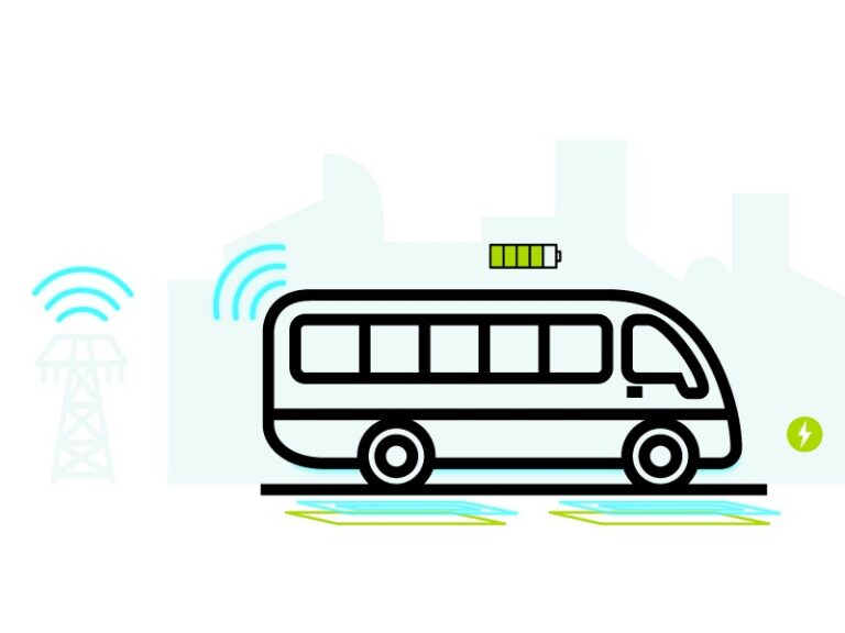 Line illustration of an electric bus charging from a roadway with battery and signal icons