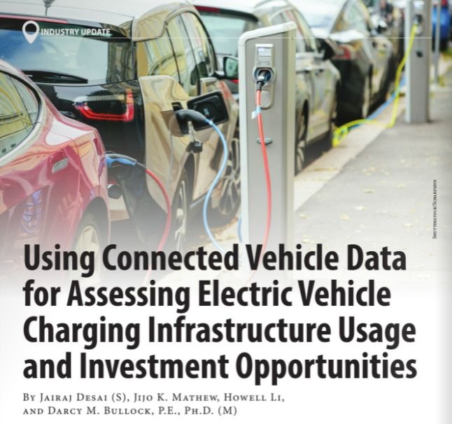Magazine article titled 'Using Connected Vehicle Data for Assessing EV Charging Infrastructure' over a row of charging electric cars