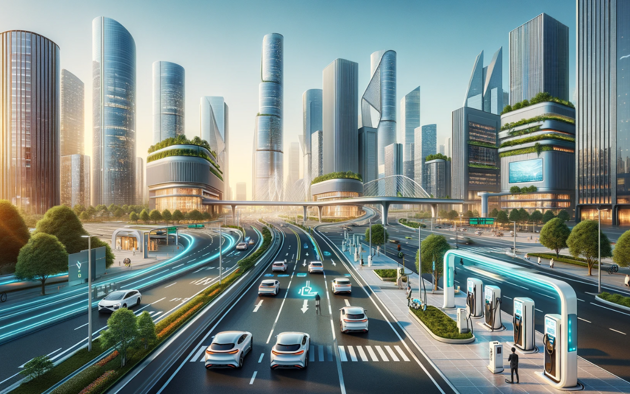 Illustration of a futuristic city with electric vehicles and charging stations along a highway