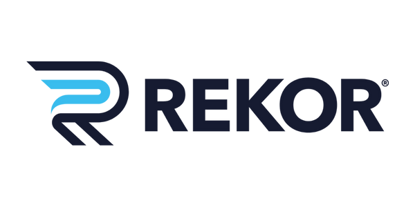Rekor company logo with stylized blue and black R