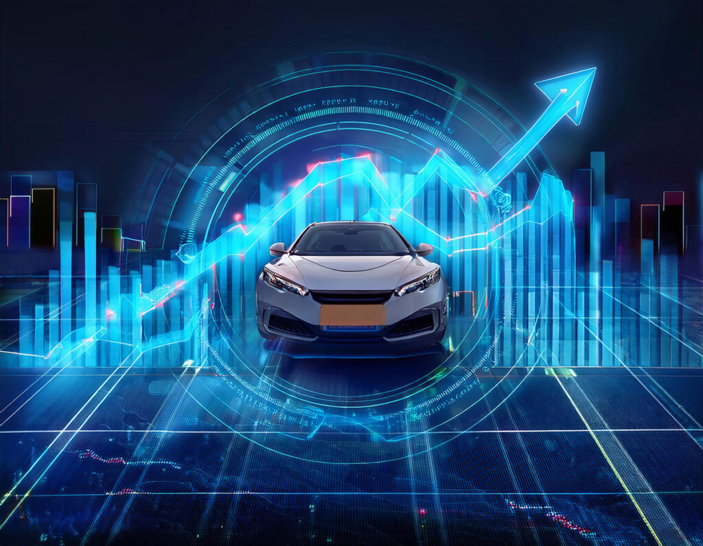 Electric car in front of blue, innovative technology graphs of the future.