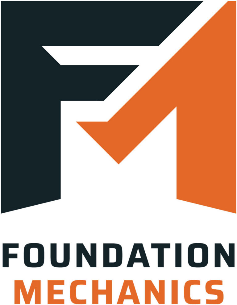 Foundation Mechanics logo with stylized FM monogram in dark navy and orange