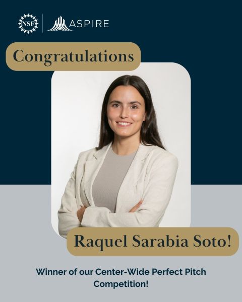 ASPIRE congratulations graphic for Raquel Sarabia Soto, winner of the Center-Wide Perfect Pitch Competition