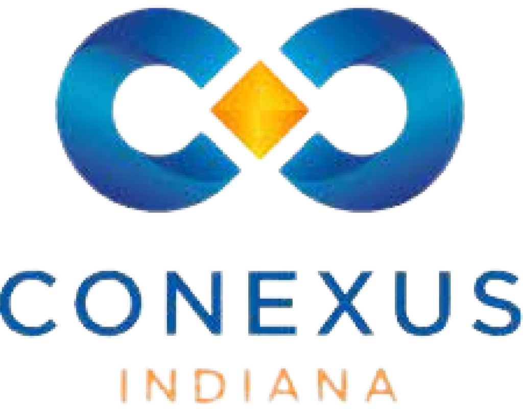 Conexus Indiana logo with blue infinity symbol and orange diamond