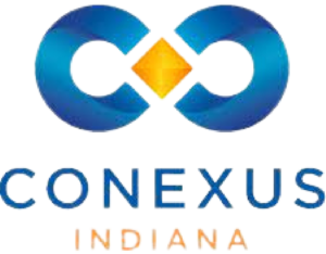 Conexus Indiana logo with blue infinity symbol and orange diamond