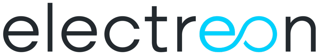 Electreon logo with infinity-style lettering in dark gray and blue