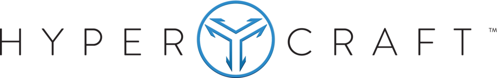 Hypercraft logo with blue trident-style emblem in a circle