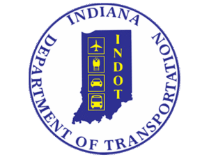 Indiana Department of Transportation (INDOT) circular seal with transportation icons