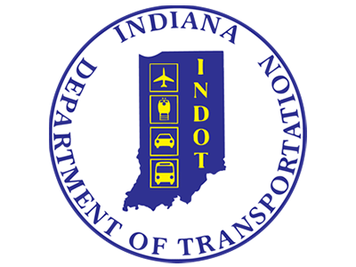 Indiana Department of Transportation (INDOT) circular seal with transportation icons
