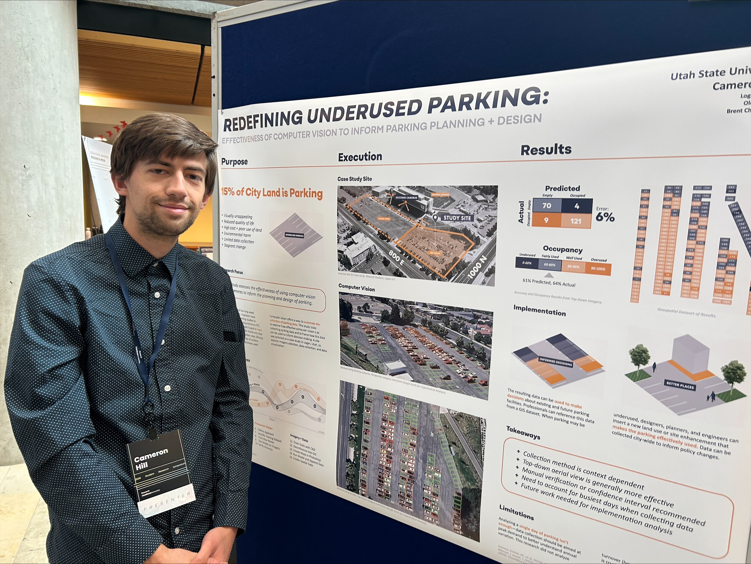 Student presenting his Redefining Underused Parking research poster on computer vision for parking design